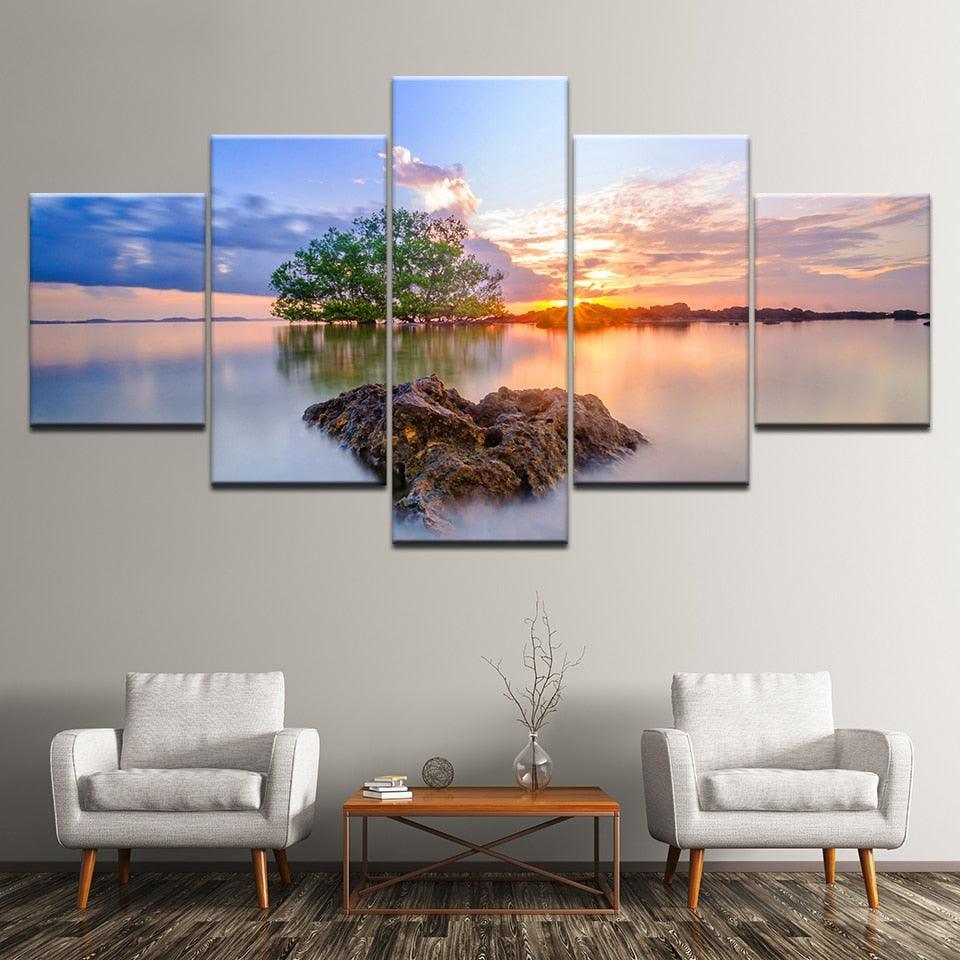 Sunrise Trees 5 Piece HD Multi Panel Canvas Wall Art Frame-Original Frame