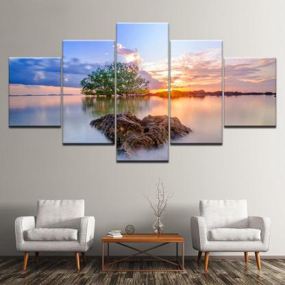 Sunrise Trees 5 Piece HD Multi Panel Canvas Wall Art Frame-Original Frame