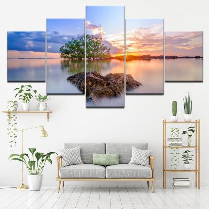 Sunrise Trees 5 Piece HD Multi Panel Canvas Wall Art Frame-Original Frame