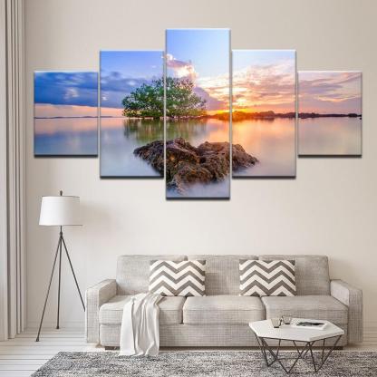 Sunrise Trees 5 Piece HD Multi Panel Canvas Wall Art Frame-Original Frame