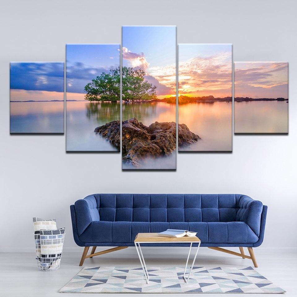 Sunrise Trees 5 Piece HD Multi Panel Canvas Wall Art Frame-Original Frame