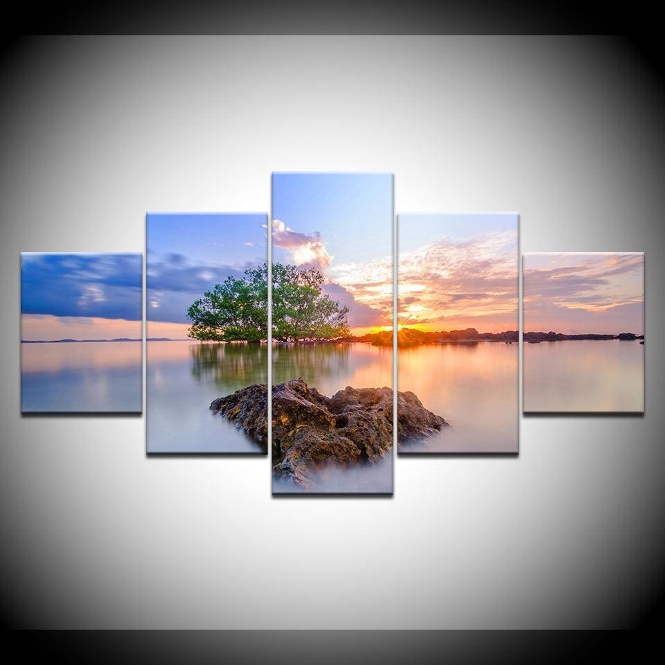 Sunrise Trees 5 Piece HD Multi Panel Canvas Wall Art Frame-Original Frame