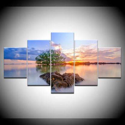 Sunrise Trees 5 Piece HD Multi Panel Canvas Wall Art Frame-Original Frame