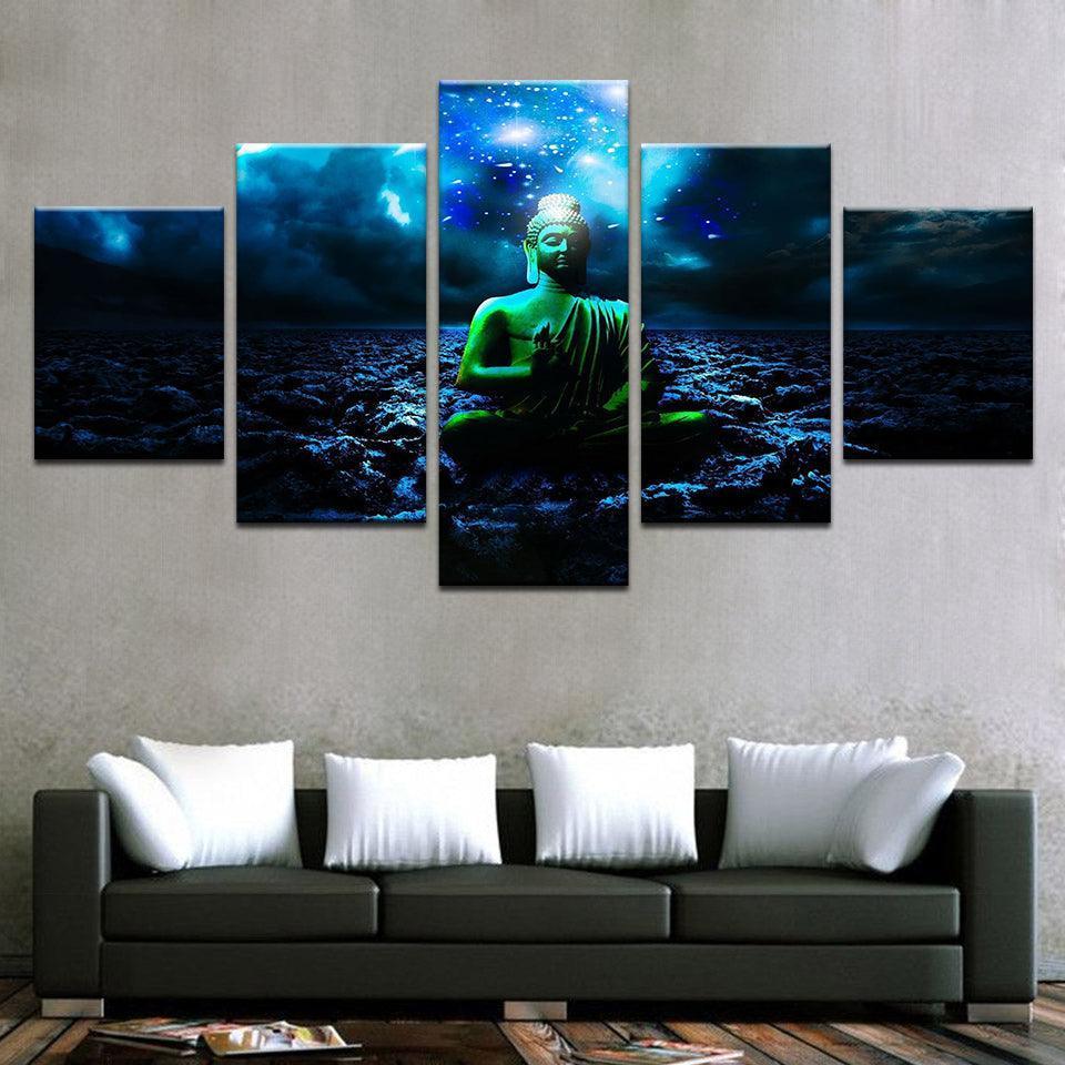 Buddha And Beautiful Starry Sky Night View 5 Piece HD Multi Panel Canvas Wall Art Frame-Original Frame