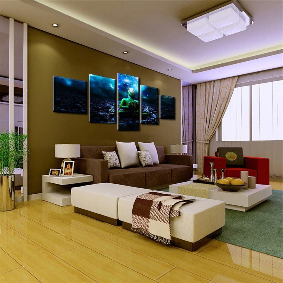 Buddha And Beautiful Starry Sky Night View 5 Piece HD Multi Panel Canvas Wall Art Frame-Original Frame