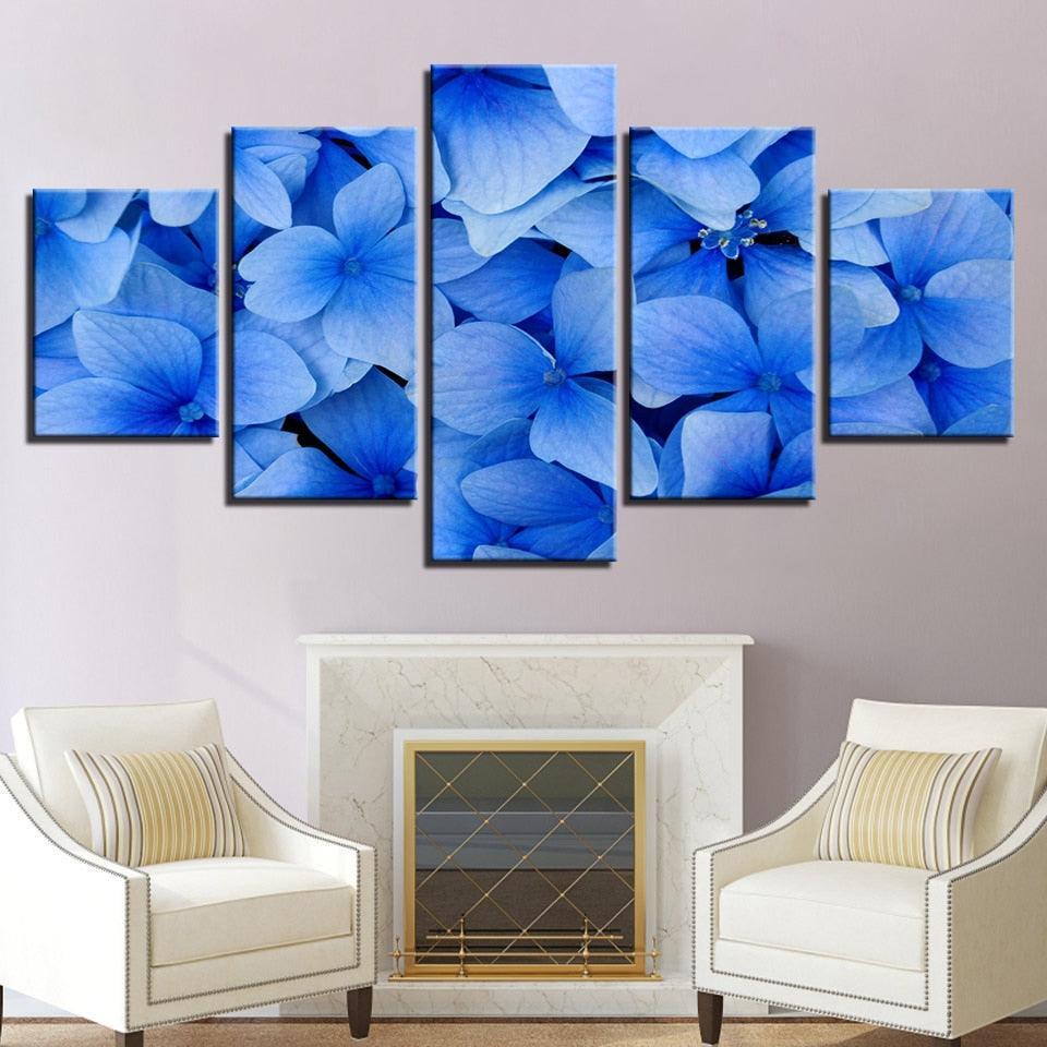 Blue Flowers 5 Piece HD Multi Panel Canvas Wall Art Frame-Original Frame
