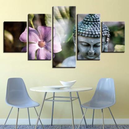 Stone Buddha Statue And Flower 5 Piece HD Multi Panel Canvas Wall Art Frame-Original Frame