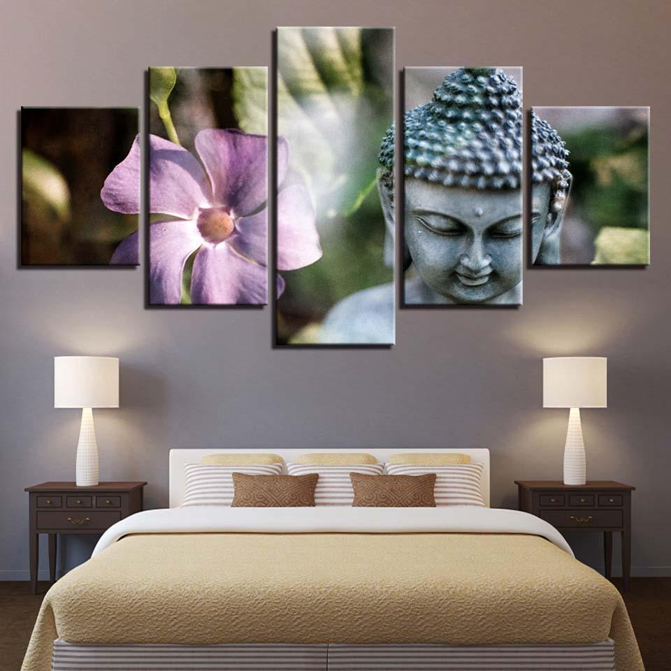 Stone Buddha Statue And Flower 5 Piece HD Multi Panel Canvas Wall Art Frame-Original Frame