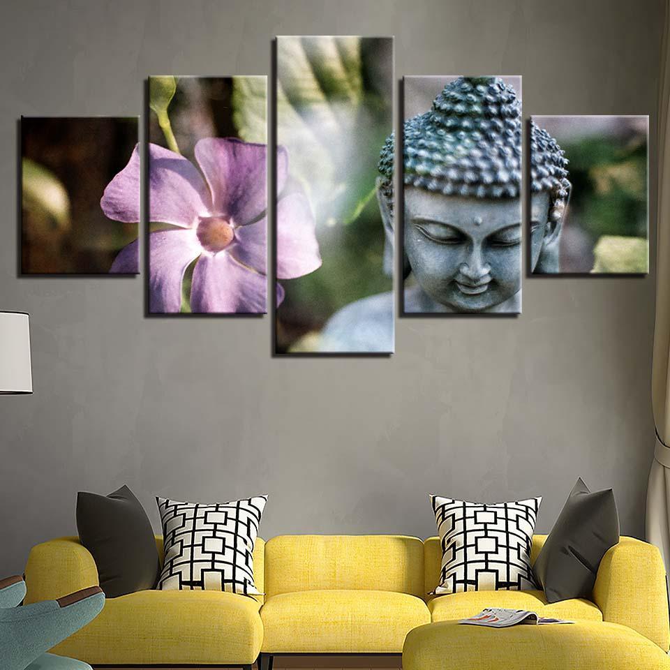 Stone Buddha Statue And Flower 5 Piece HD Multi Panel Canvas Wall Art Frame-Original Frame