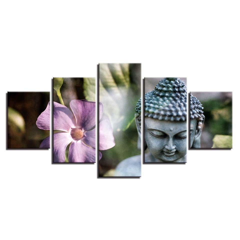 Stone Buddha Statue And Flower 5 Piece HD Multi Panel Canvas Wall Art Frame-Original Frame