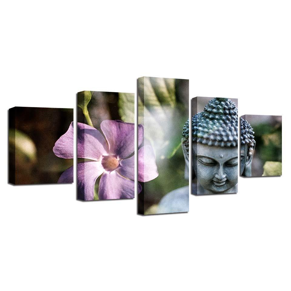 Stone Buddha Statue And Flower 5 Piece HD Multi Panel Canvas Wall Art Frame-Original Frame