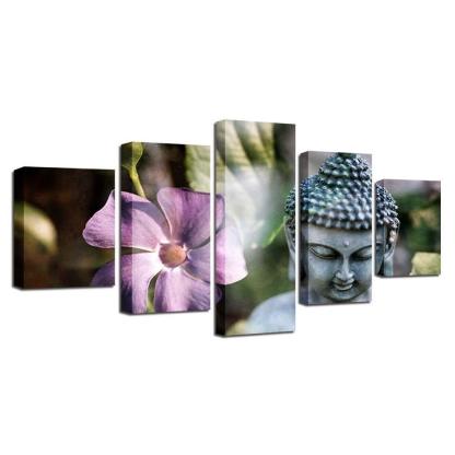 Stone Buddha Statue And Flower 5 Piece HD Multi Panel Canvas Wall Art Frame-Original Frame