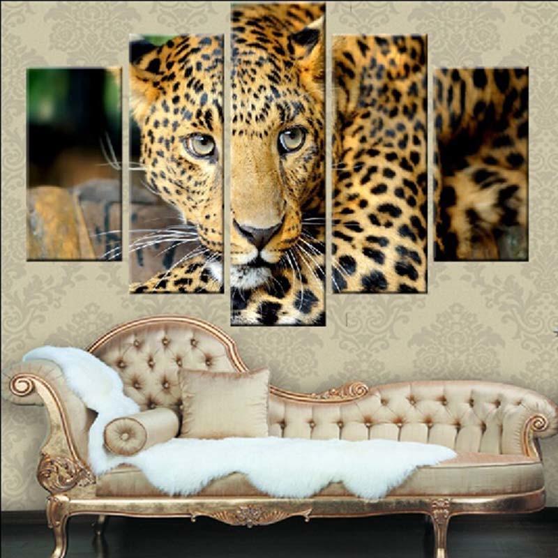 Animal Leopard 5 Piece HD Multi Panel Canvas Wall Art Frame-Original Frame