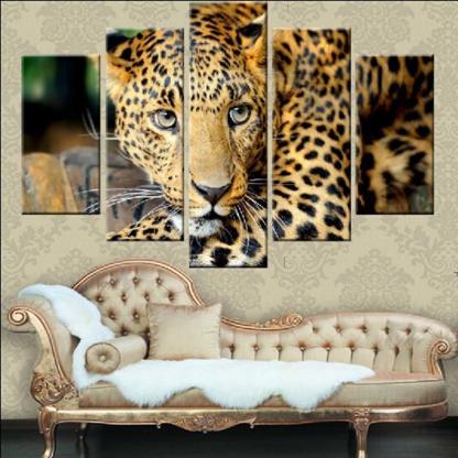 Animal Leopard 5 Piece HD Multi Panel Canvas Wall Art Frame-Original Frame
