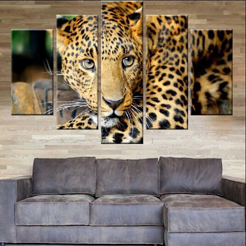 Animal Leopard 5 Piece HD Multi Panel Canvas Wall Art Frame-Original Frame
