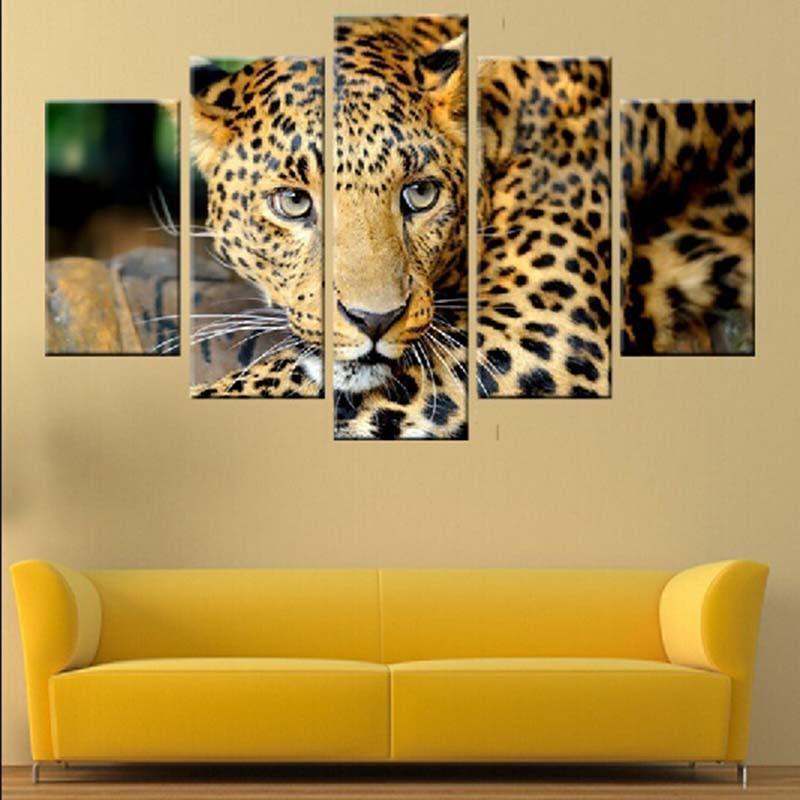 Animal Leopard 5 Piece HD Multi Panel Canvas Wall Art Frame-Original Frame