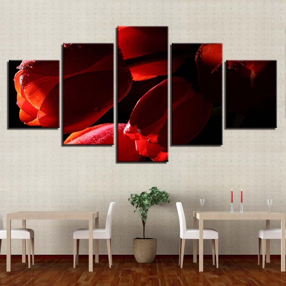 Red Tulips Flowers 5 Piece HD Multi Panel Canvas Wall Art Frame-Original Frame