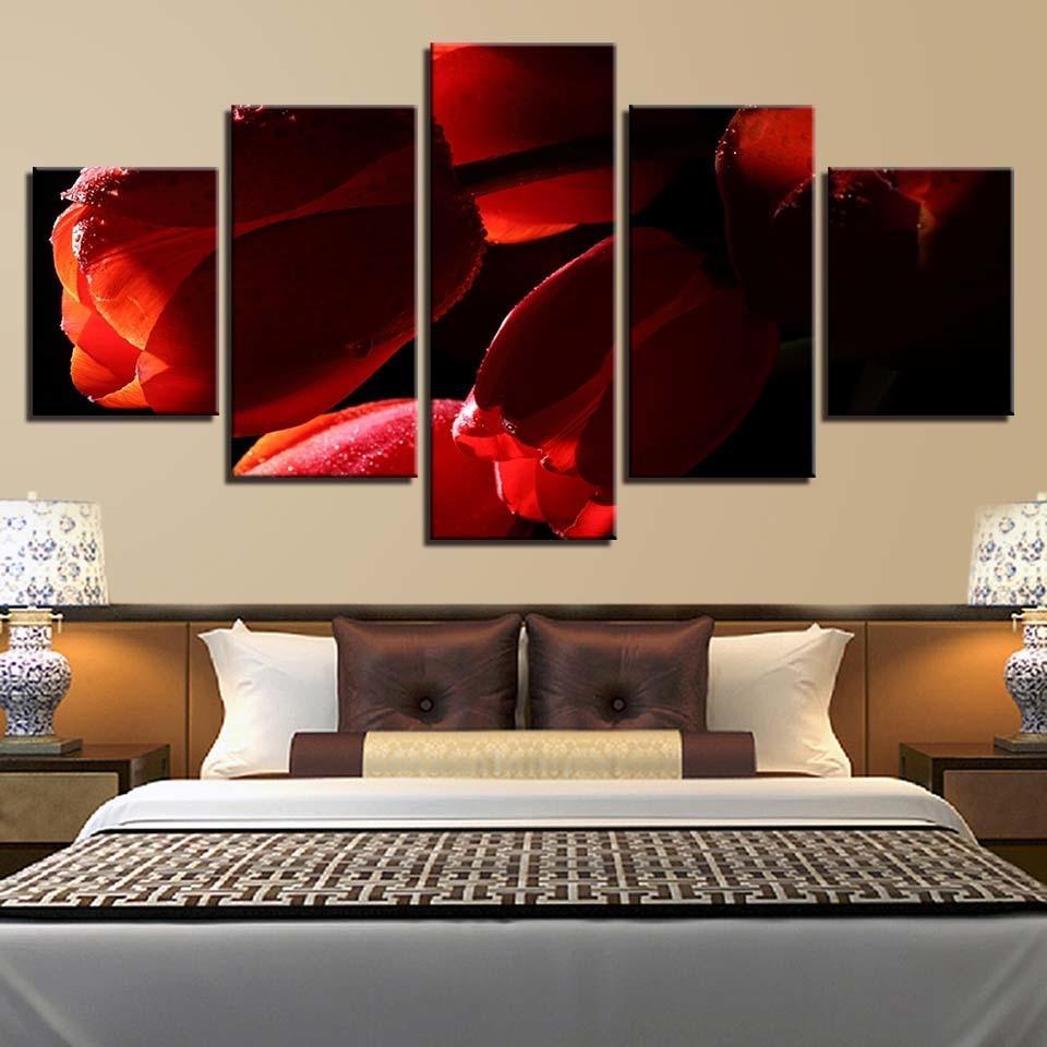 Red Tulips Flowers 5 Piece HD Multi Panel Canvas Wall Art Frame-Original Frame