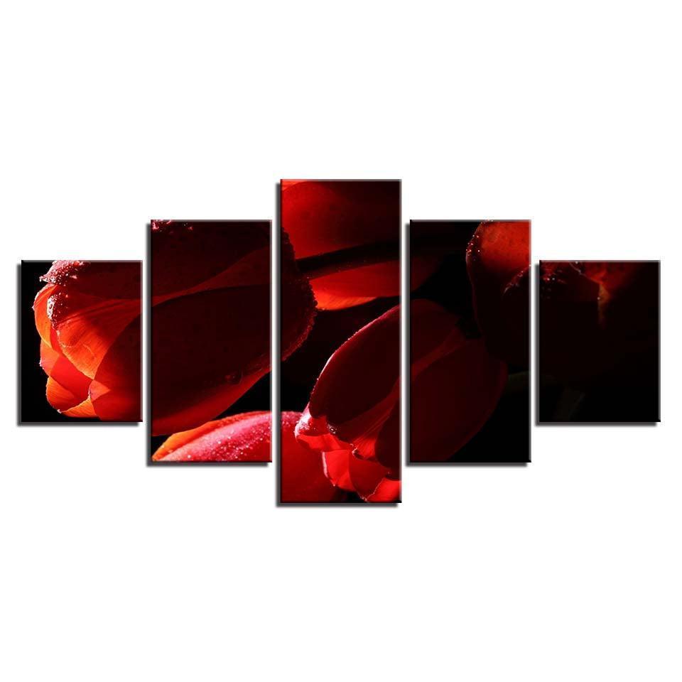 Red Tulips Flowers 5 Piece HD Multi Panel Canvas Wall Art Frame-Original Frame