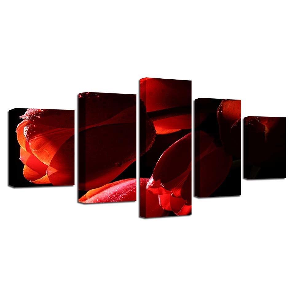 Red Tulips Flowers 5 Piece HD Multi Panel Canvas Wall Art Frame-Original Frame