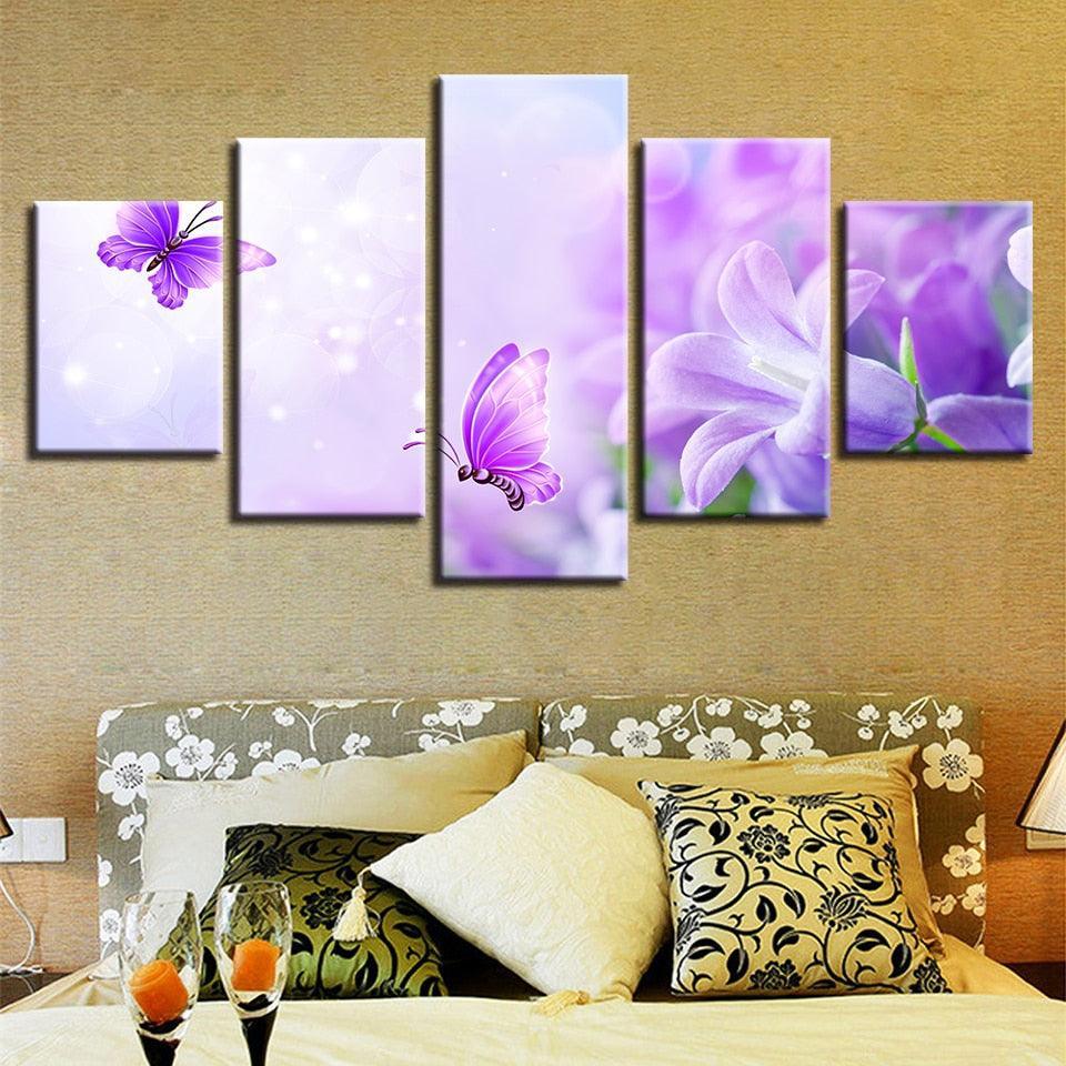 Purple Lilies And Butterflies 5 Piece HD Multi Panel Canvas Wall Art-Original Frame
