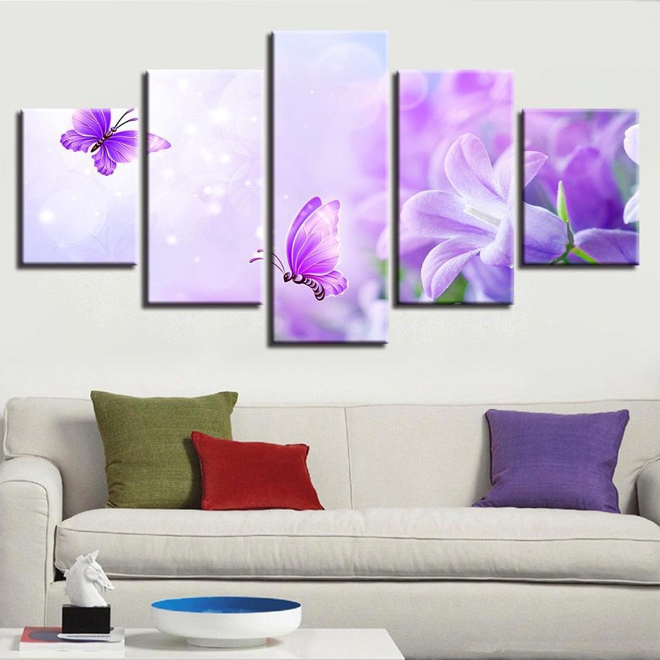 Purple Lilies And Butterflies 5 Piece HD Multi Panel Canvas Wall Art-Original Frame