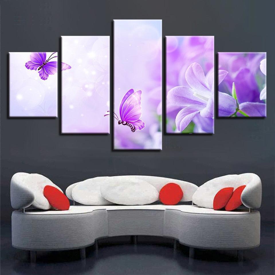 Purple Lilies And Butterflies 5 Piece HD Multi Panel Canvas Wall Art-Original Frame