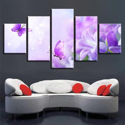 Purple Lilies And Butterflies 5 Piece HD Multi Panel Canvas Wall Art-Original Frame