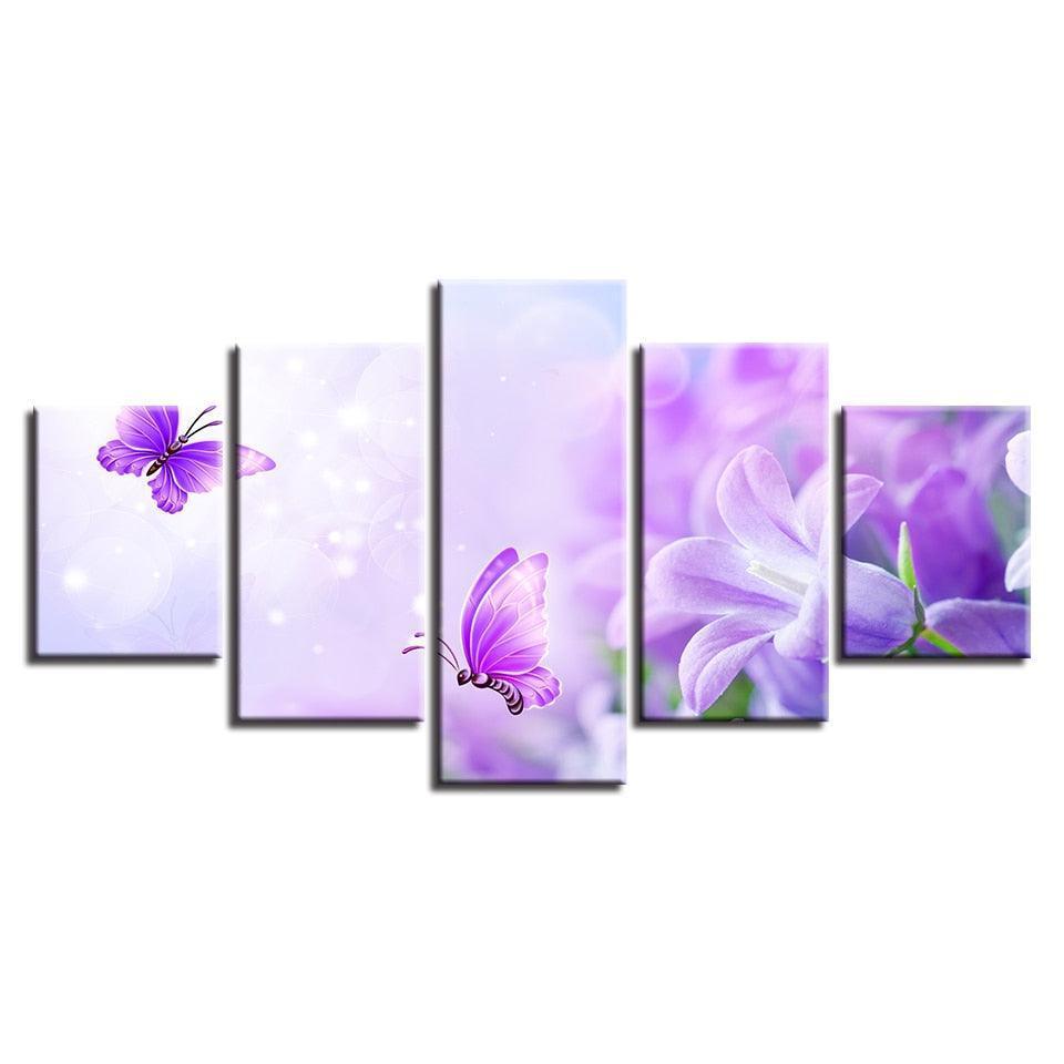 Purple Lilies And Butterflies 5 Piece HD Multi Panel Canvas Wall Art-Original Frame