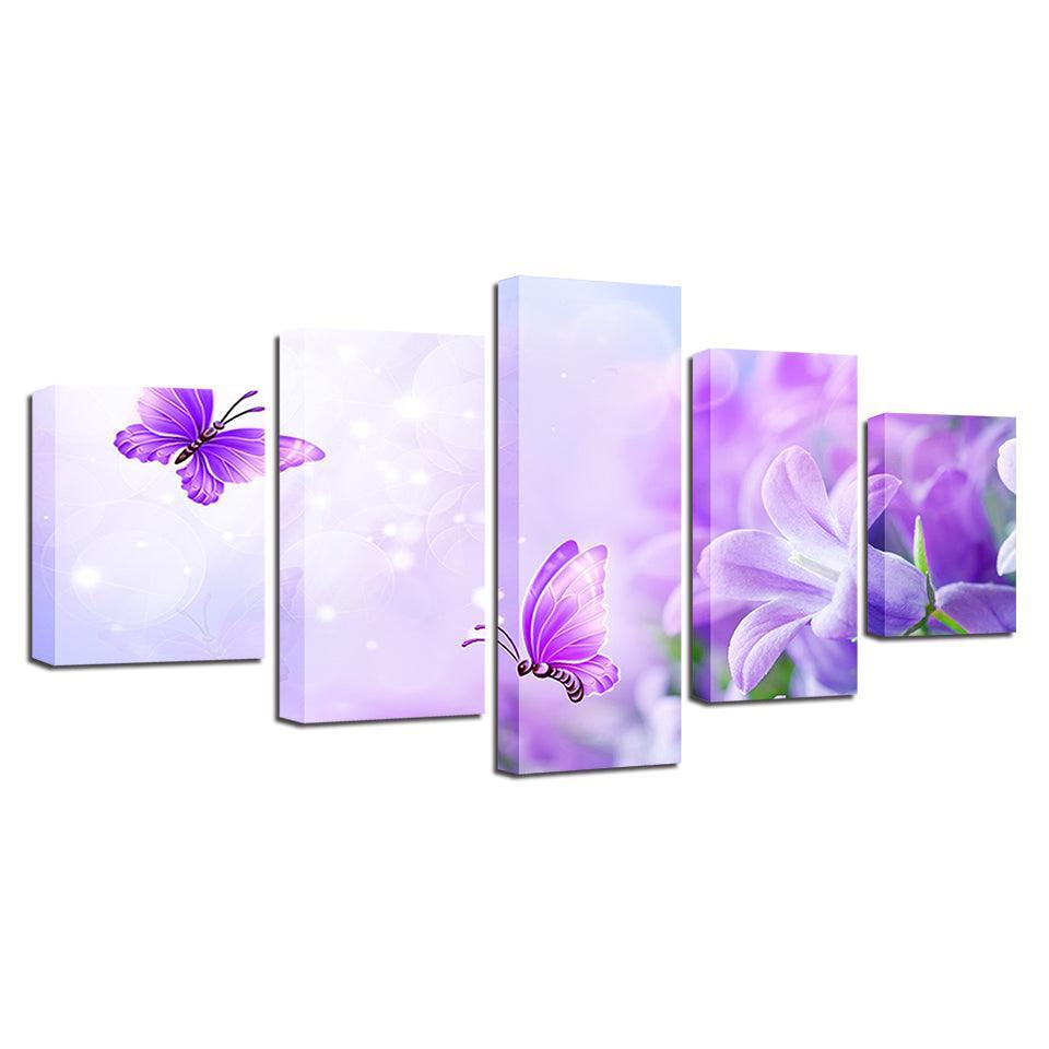 Purple Lilies And Butterflies 5 Piece HD Multi Panel Canvas Wall Art-Original Frame