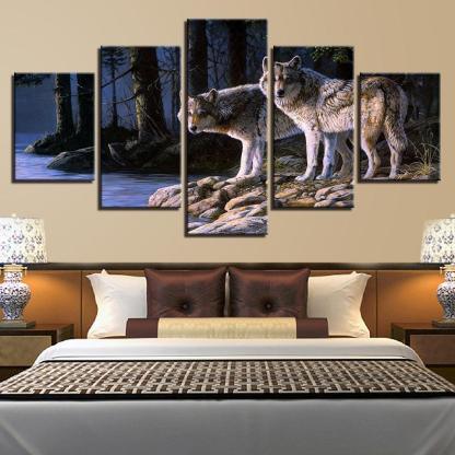 Two Wolves Gazing 5 Piece HD Multi Panel Canvas Wall Art Frame-Original Frame