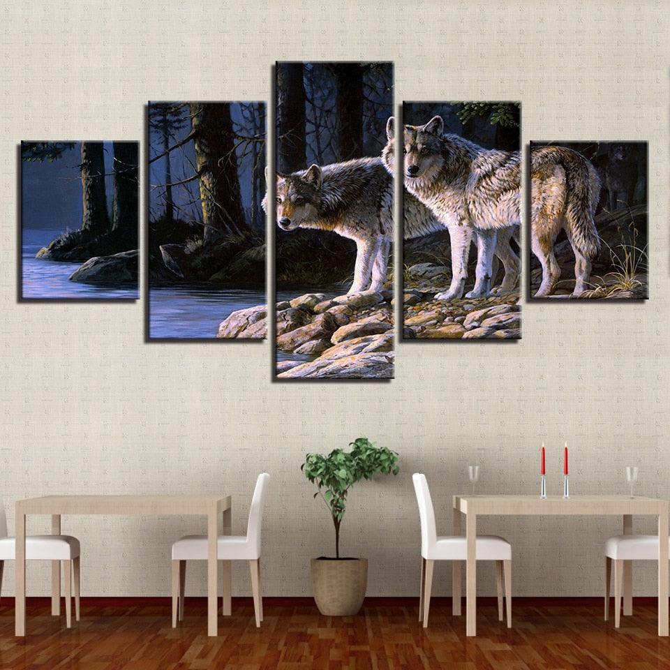 Two Wolves Gazing 5 Piece HD Multi Panel Canvas Wall Art Frame-Original Frame