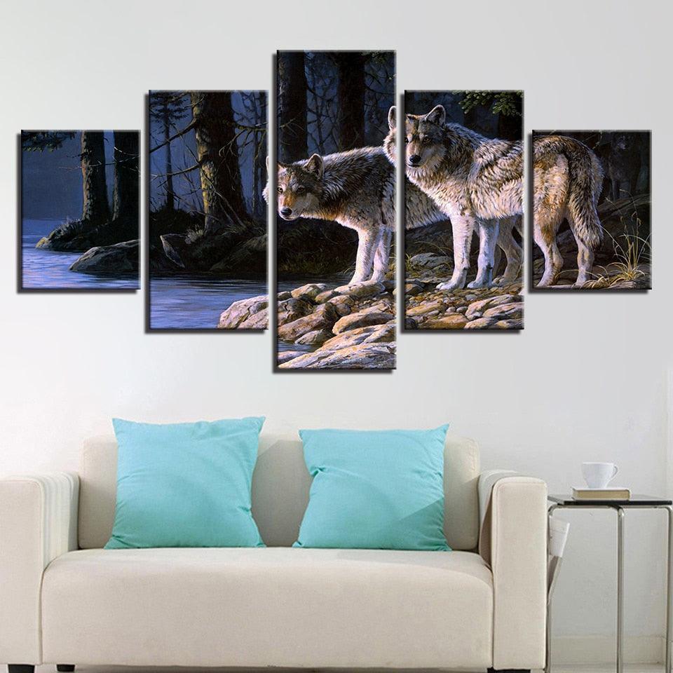 Two Wolves Gazing 5 Piece HD Multi Panel Canvas Wall Art Frame-Original Frame