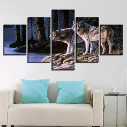 Two Wolves Gazing 5 Piece HD Multi Panel Canvas Wall Art Frame-Original Frame
