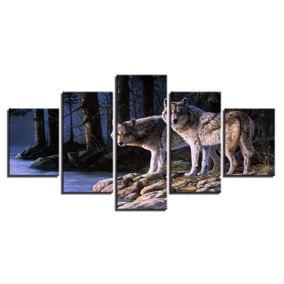 Two Wolves Gazing 5 Piece HD Multi Panel Canvas Wall Art Frame-Original Frame