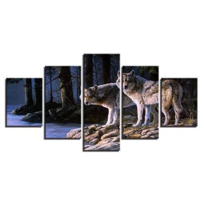 Two Wolves Gazing 5 Piece HD Multi Panel Canvas Wall Art Frame-Original Frame