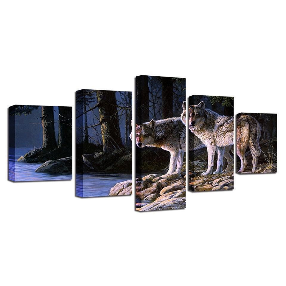 Two Wolves Gazing 5 Piece HD Multi Panel Canvas Wall Art Frame-Original Frame