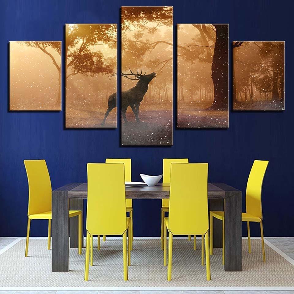 Elk At Sunrise 5 Piece HD Multi Panel Canvas Wall Art Frame-Original Frame
