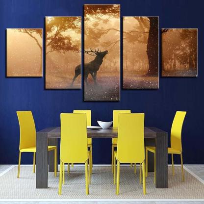 Elk At Sunrise 5 Piece HD Multi Panel Canvas Wall Art Frame-Original Frame