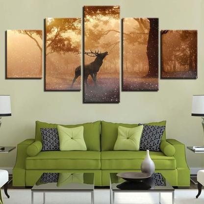 Elk At Sunrise 5 Piece HD Multi Panel Canvas Wall Art Frame-Original Frame