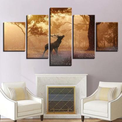 Elk At Sunrise 5 Piece HD Multi Panel Canvas Wall Art Frame-Original Frame