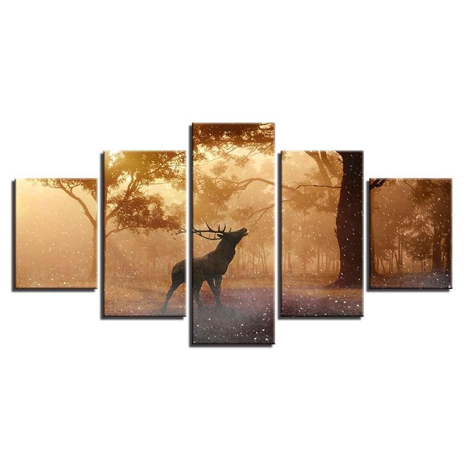 Elk At Sunrise 5 Piece HD Multi Panel Canvas Wall Art Frame-Original Frame