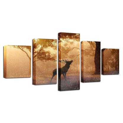 Elk At Sunrise 5 Piece HD Multi Panel Canvas Wall Art Frame-Original Frame
