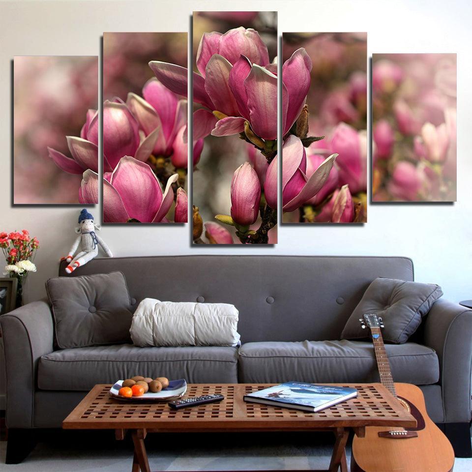 Pink Magnolia Flowers 5 Piece HD Multi Panel Canvas Wall Art Frame-Original Frame