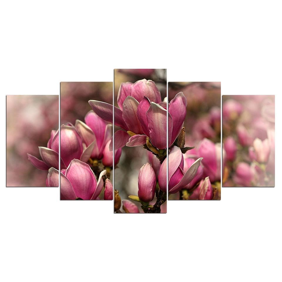 Pink Magnolia Flowers 5 Piece HD Multi Panel Canvas Wall Art Frame-Original Frame