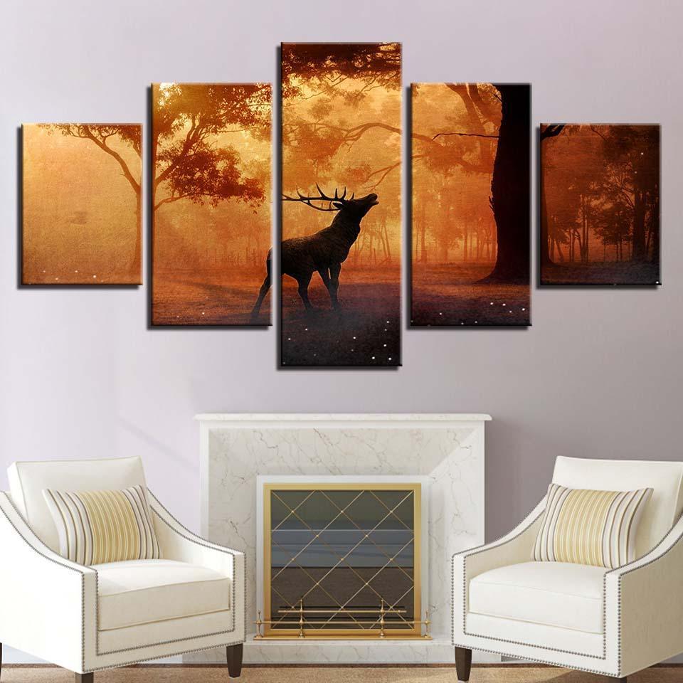 Animal Elk Deer 5 Piece HD Multi Panel Canvas Wall Art Frame-Original Frame
