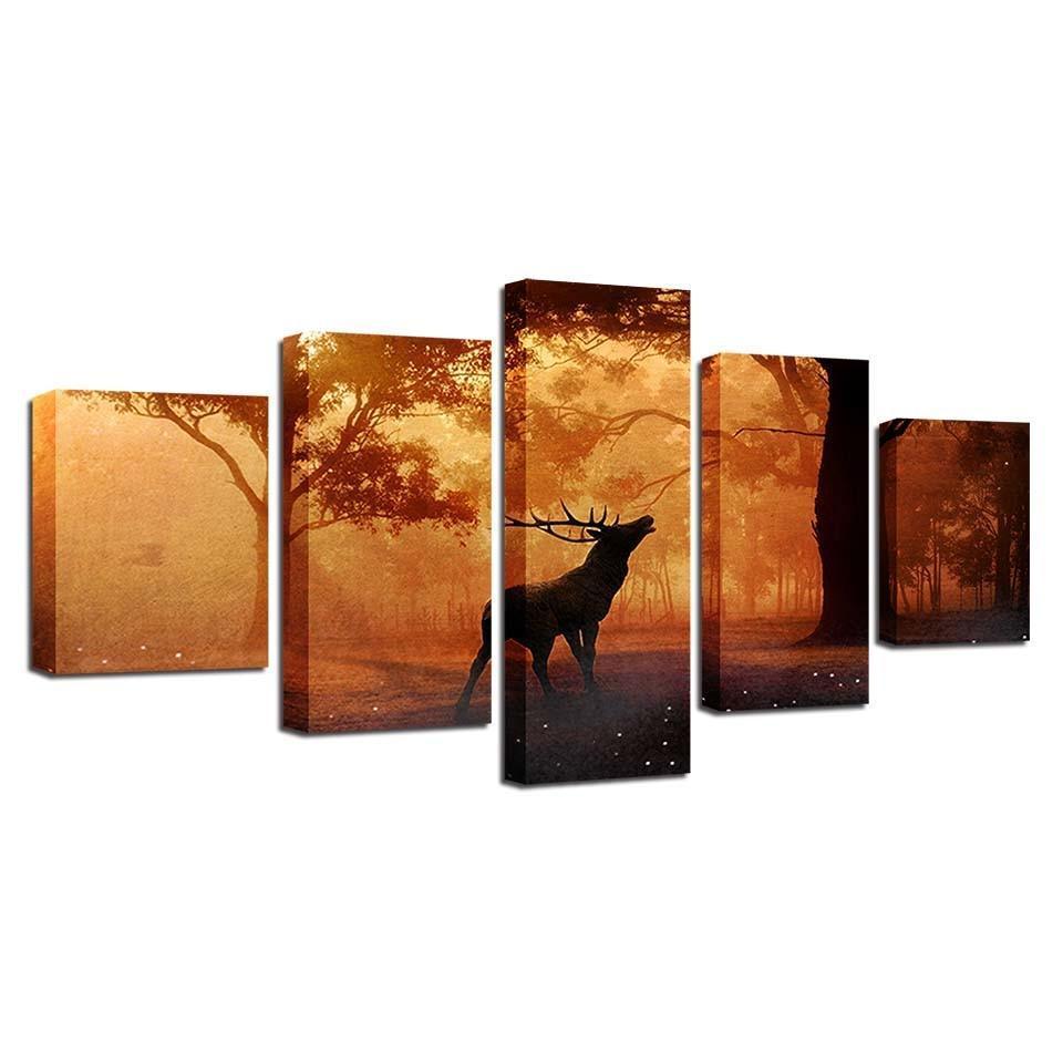 Animal Elk Deer 5 Piece HD Multi Panel Canvas Wall Art Frame-Original Frame