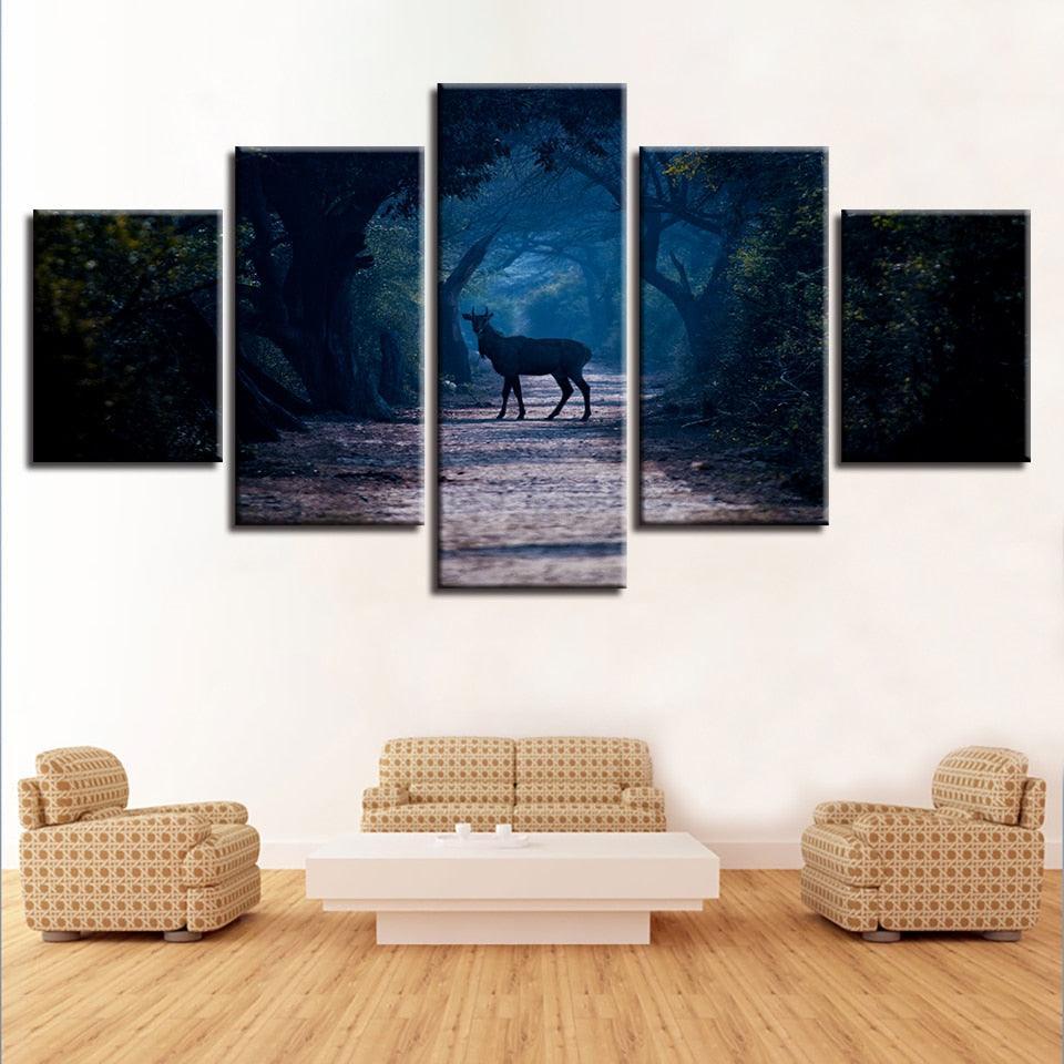 Blue Forest Animal Deer 5 Piece HD Multi Panel Canvas Wall Art Frame-Original Frame