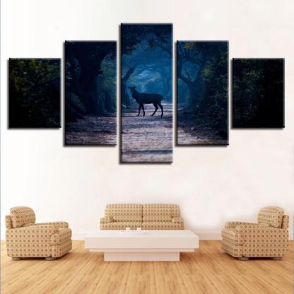 Blue Forest Animal Deer 5 Piece HD Multi Panel Canvas Wall Art Frame-Original Frame