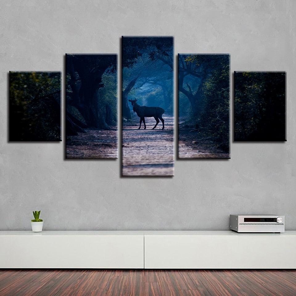 Blue Forest Animal Deer 5 Piece HD Multi Panel Canvas Wall Art Frame-Original Frame